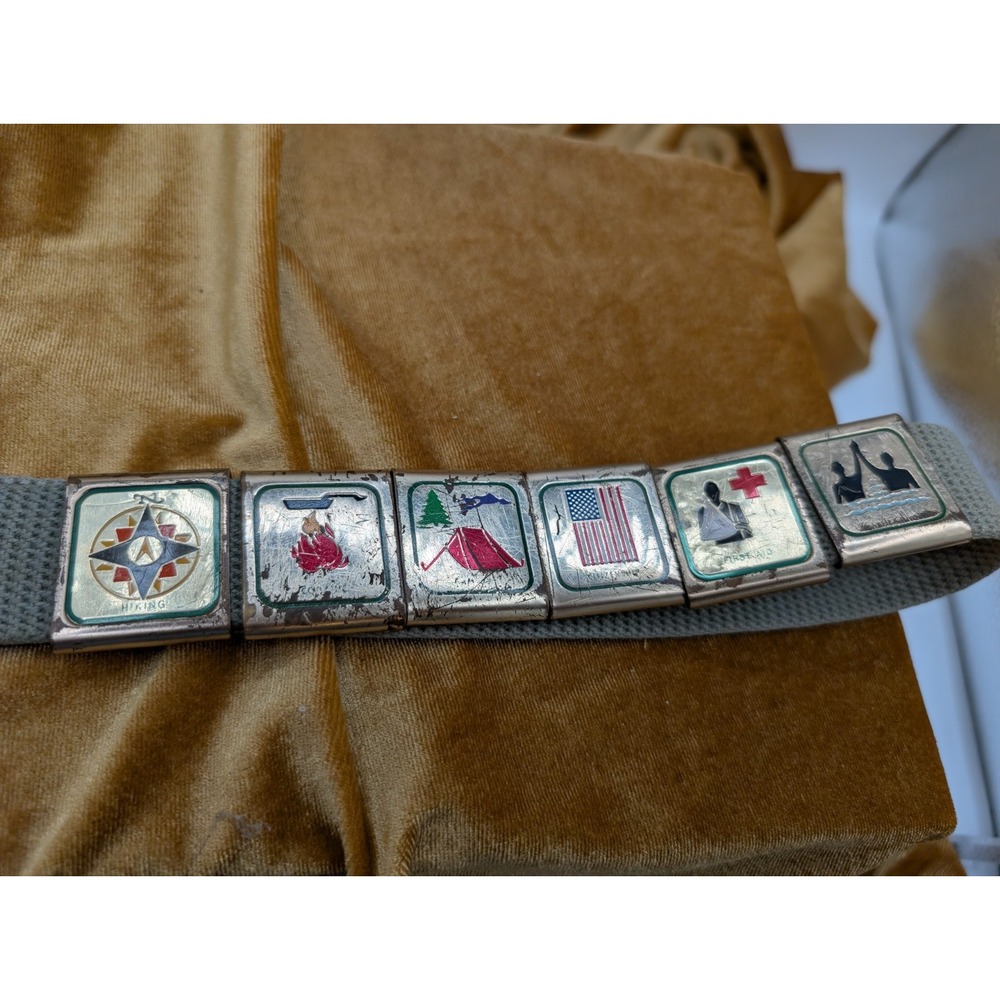 Boy Scouts of America BSA Web Belt Brass Buckle Metal Skill 6 Award Slides VTG